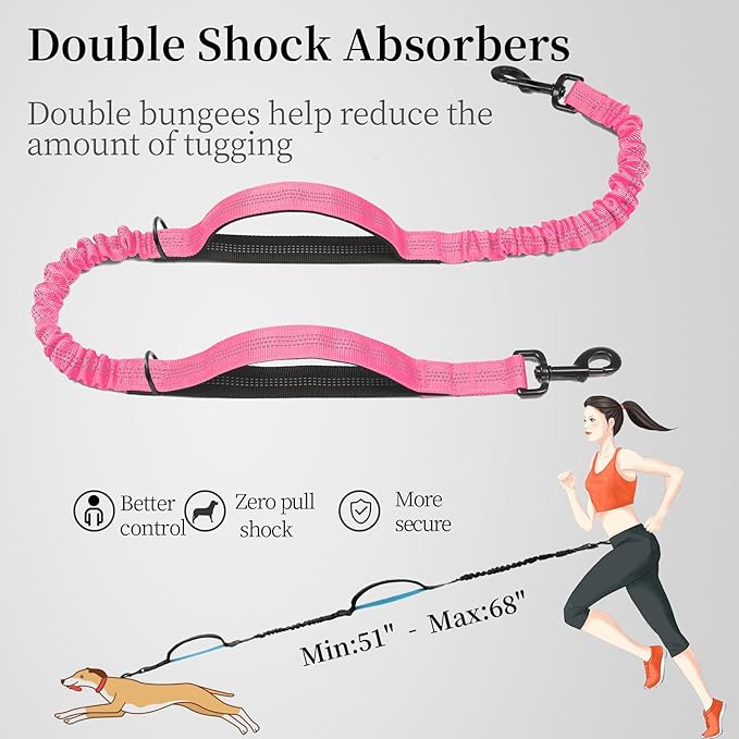 iYoShop Hands Free Dog Leash with Zipper Pouch, Dual Padded Handles and Durable Bungee for Walking, Jogging and Running Your Dog (Medium, 8-25 lbs, Pink)
