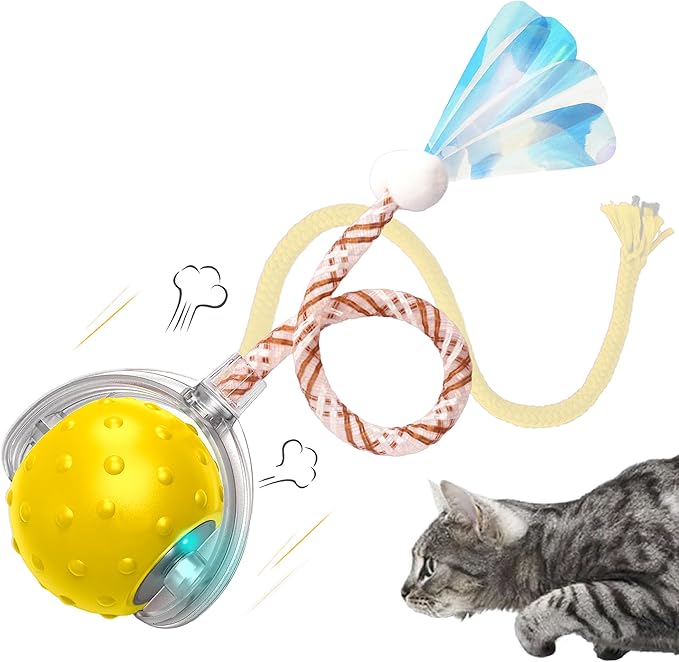 Interactive Cat Toy LED Rolling Ball — Motion-Activated, USB-C Rechargeable, 3 Play Modes, Replaceable Tails — Quiet Automatic Ball for Indoor Cats & Kittens — Safe & Durable (Yellow)