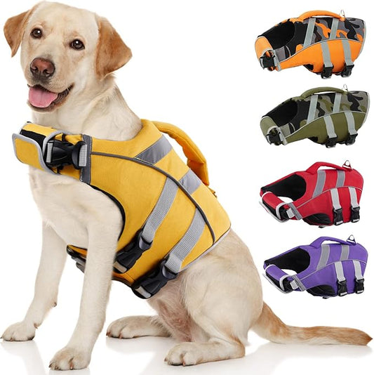 Kuoser High Visibility Dog Life Jacket with Reflective Stripes - Adjustable Ripstop Pet Lifesaver with High Flotation for Small, Medium & Large Dogs
