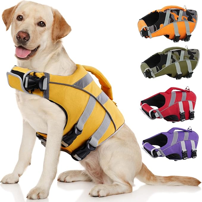 Kuer Dog Life Jacket with Reflective Stripes, Adjustable Visibility Dog Vest Ripstop Lifesaver Pet Life Preserver for Sizes XS-XL