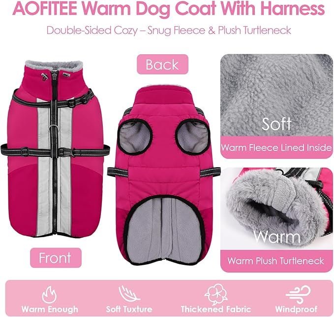 AOFITEE Small Dog Coat, Waterproof Dog Winter Jacket with Harness Built in, Warm Fleece Lined Dogs Jacket for Cold Weather, Reflective Pet Snow Jackets with Zipper for Yorkshire, Schnauzer, Hot Pink S