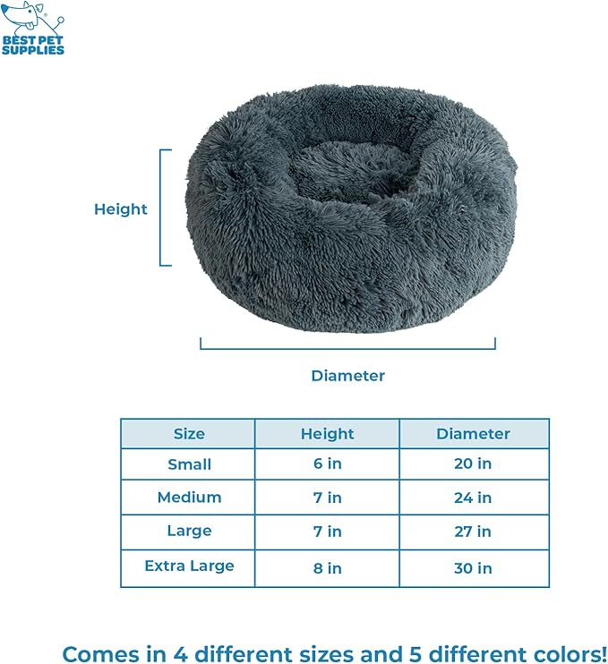 Best Pet Supplies Round Donut Dog Bed with Plush Faux Fur Fabric, Calming, Anti-Anxiety Cushion for Indoor Pets, Slip-Resistant Base, Soft Ergonomic Support - Gray, 27x27x7.5''