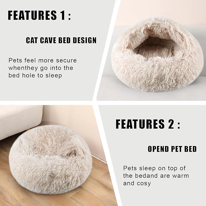 Cat Beds for Indoor Cats,Cat Cave for Puppy and Kitty,Calming Small Dog Bed for Small Dogs with Cover Cave,Cozy Warming Fluffy Washable Anti-Slip Pet Sleeping Bag(24 * 24inch,Beige)