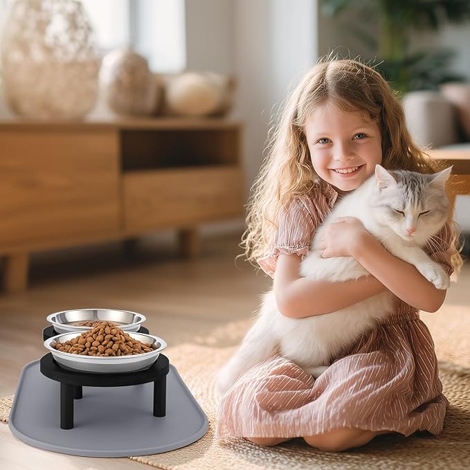 Elevated Cat Bowls with Food Mat,6.3 Inches Shallow Raised Bowls Whisker Friendly,2 Stainless Steel Cat Food and Water Dishes for Cats and Puppies,Dishwasher Safe(Black)