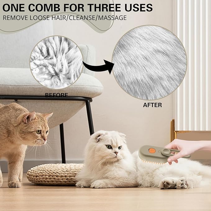 Steamy Pet Brush - Convenient Hair Removal, Easy Collection, Massage Function - Ideal Steam Brush for Cats! (White+coffee)