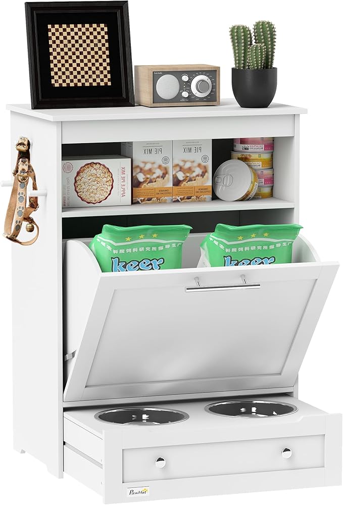 PawHut Dog Feeding Station with Storage, Pet Feeder Cabinet Container with Raised Bowls and Hanger for Feeding & Watering Supplies, Dog Food Organizer, White