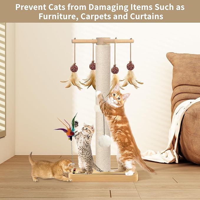 Cat Scratching Post, Sisal, Scratcher Tree Tower for Indoor Cats Adults with Hanging and Ball Track, 2 Mounting Methods Interactive Furniture Toys for Kitten, 25 Inches