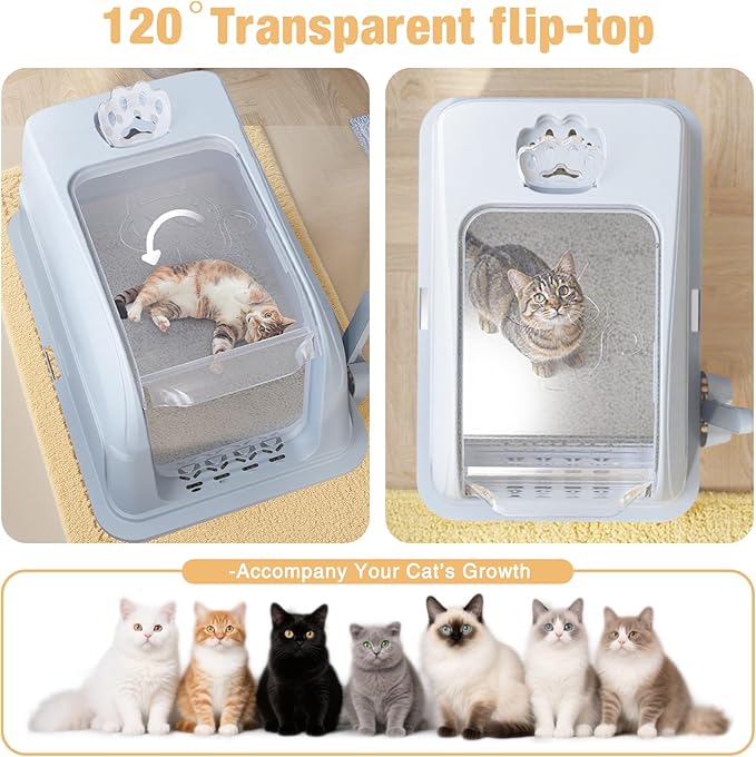 Stainless Steel Cat Litter Box Fully Enclosed, Extra Large Metal High Sided Cat Box with 120° Fully Transparent See-Through Flip Lid, Scoop & Mat - Grey - XL