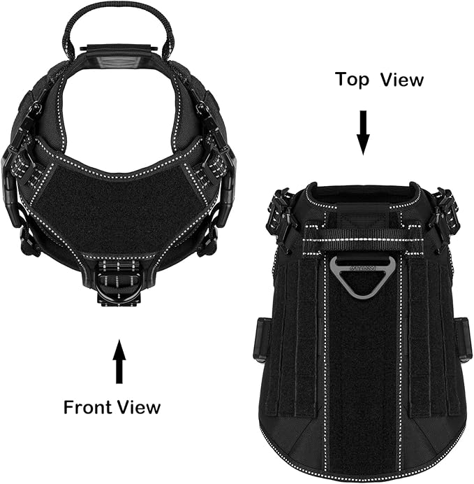 ICEFANG Tactical Dog Harness, Medium Size,2X Metal Buckle,Working Dog MOLLE Vest with Handle,No Pulling Front Leash Clip,Hook and Loop Panel (Black,M (Pack of 1))