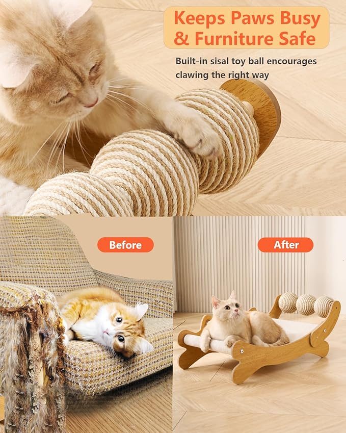 Cat Scratcher,Scratching Post,and Hammocks with Sisal Ball Toys Wooden Cat Beds & Furniture are Sturdy and Durable for All Types of Cats to Play and Relax Indoors