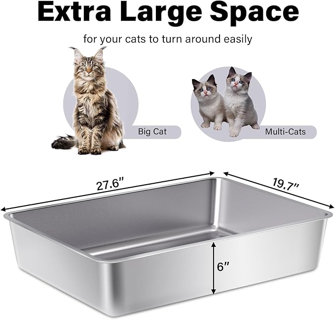 XXXL Stainless Steel Cat Litter Box -Extra Large 28"x20"x6" Metal Litter Box High Sides for Big Cats&Multiple Cats, Cat Litters Boxes Easy to Clean, No Odor, Anti-Urine Leakage