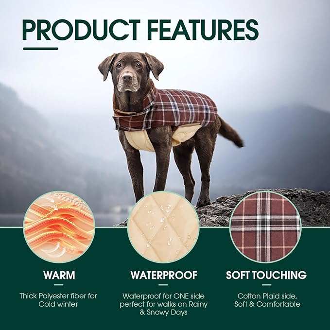 Kuoser Warm Dog Coat, Waterproof Dog Jacket for Extra Large Dogs, Adjustable Durable XXL Doggie Winter Coat Reversible Puppy Cold Weather Apparel from Small to Large Breed, Brown XXL