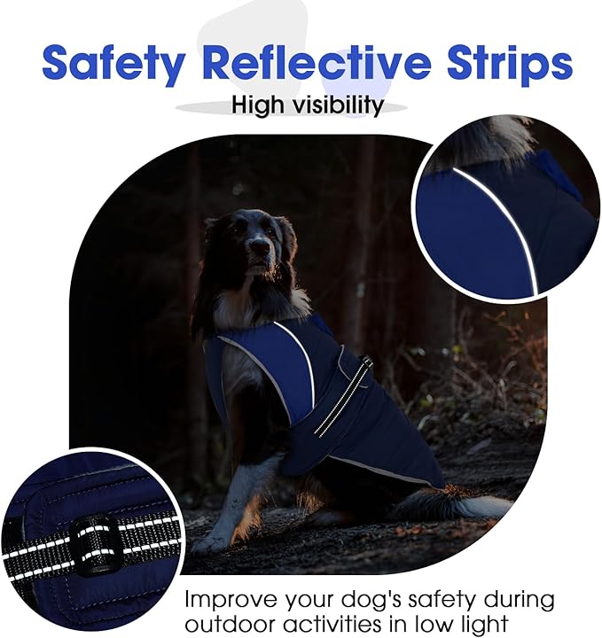 Nanaki Large Dog Coat for Winter Waterproof, Warm Fleece Lining Reflective Large Dog Jacket with Leash Hole, Furry Collar Cold Weather Puppy Vest Outdoor Walking Hunting Easy On Pet Snowsuit Blue 2XL