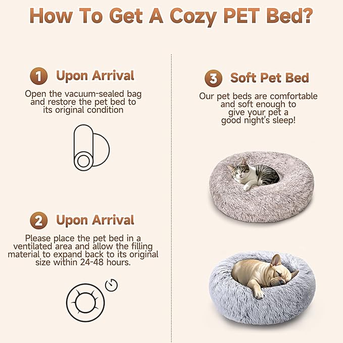 Calming Dog & Cat Bed 2 Pack, 20'' Cat Beds for Indoor Cats, Donut Bed for Puppy and Kitten, Washable Round Fluffy Pet Bed for Small Medium Dogs and Cats (Brown&Grey)