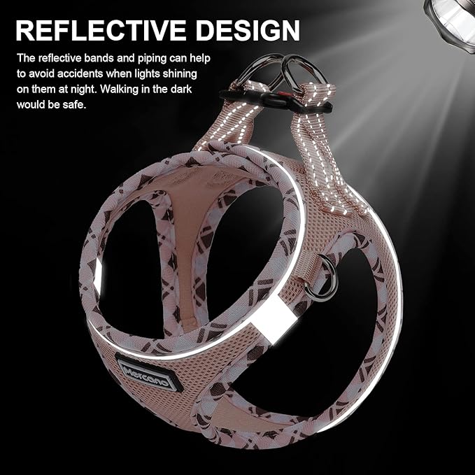 Mercano Soft Mesh Dog Harness and Leash Set, No-Chock Step-in Reflective Breathable Lightweight Easy Walk Vest Harnesses with Safety Buckle for Small Dogs, Cats (Champagne, L)