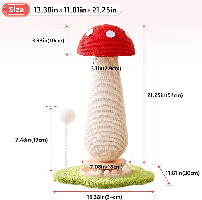 Mushroom Cat Scratching Post Cat Tree, 21.5‘’ H Cute Cat Scratcher Tower with Durable Solid Wood Turntable Toy, Mushroom Scratch Post Cat Toys Cat Sisal Scratcher with Catnip for Indoor Cats