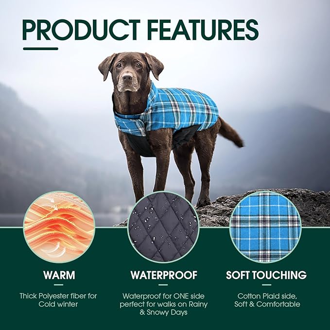 Kuoser Warm Dog Coat, Waterproof Dog Jacket for Extra Large Dogs, Adjustable Durable XXXL Doggie Winter Coat Reversible Puppy Cold Weather Apparel for Large Breed, Blue 3XL
