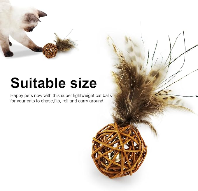 TTcat 2Pcs Feather Cat Ball Toy with Bell,Cat Toys for Indoor Cats,Interactive Chew Toys for Kitty Kitten.