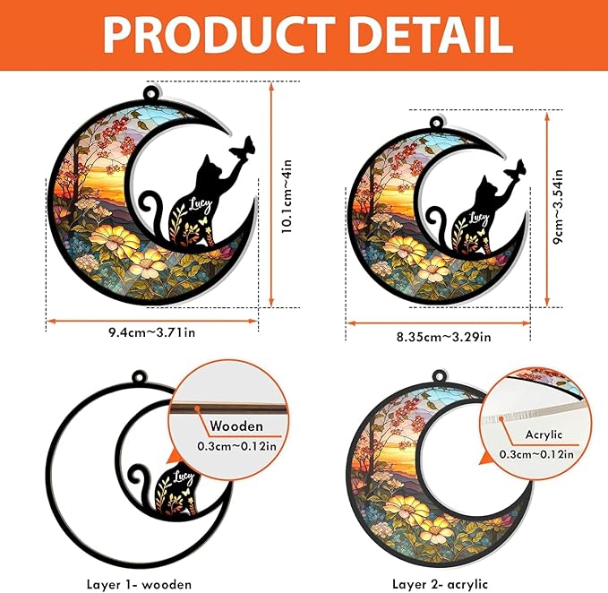 NAZENTI Loss of Cat Sympathy Gift, Pet Memorial Suncatcher, Custom Name, Remembrance Gifts for Cat Lovers, Christmas Pet Ornament