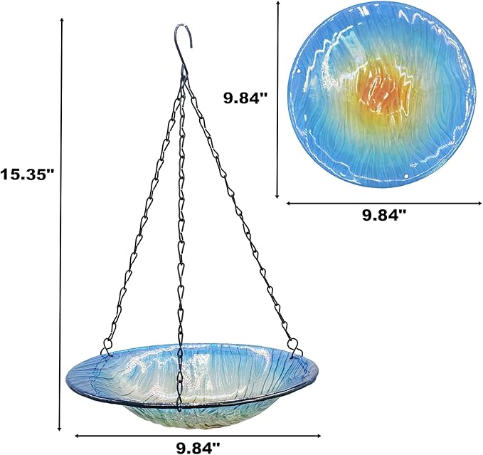 Hanging birdbath, Outdoor Glass birdbath, Bird Feeder with Blue-Orange Texture Pattern for Garden Patio Decoration