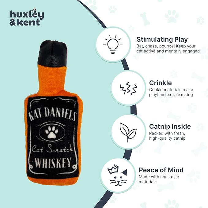 Huxley & Kent Plush Cat Toy - Interactive Catnip Toy for Cats & Kittens - Soft Kitty Toy with Crinkle & Catnip - Fun Indoor Play Toy - Kat Daniels Whiskey