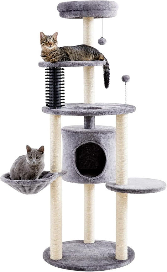 MADE 4 PETS Cat Tree for Indoor Cats, 60.2 inch Tall, 5-Level, Modern, Grey, Sisal Scratch Posts, Cat Condo with Hammock, Cat Tower for Large Breeds