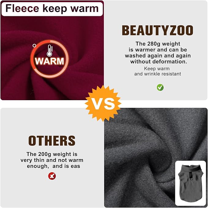 BEAUTYZOO Dog Fleece Vest Sweater Winter Jacket for Small and Medium Dogs with D-Ring Leash Cold Weather Coat Hoodie for XS S M Dogs Boy or Girls, Large