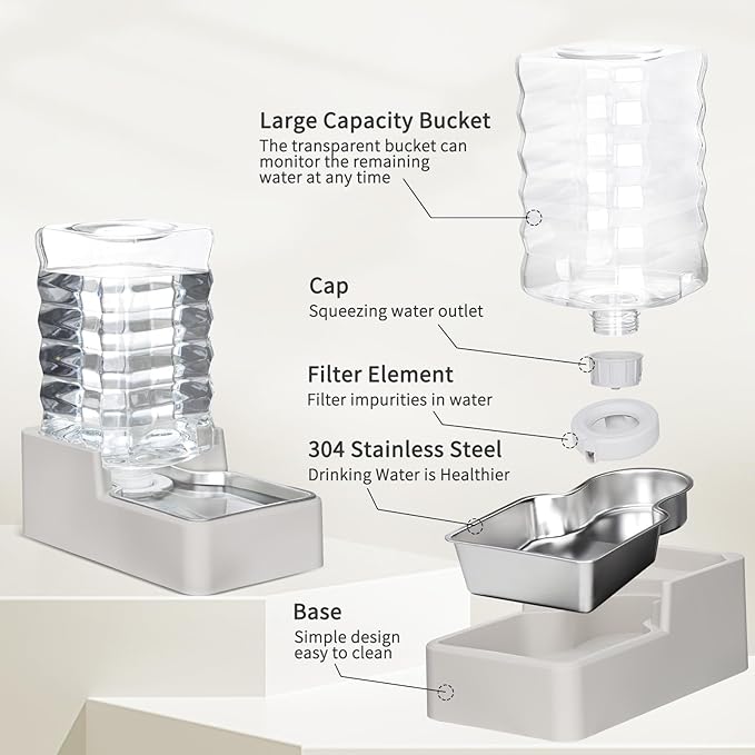 RIZZARI Stainless Steel Pet Water Feeder: 7L Automatic Leak-Proof Gravity Dispenser for Cats Dogs Indoor Outdoor Use（Beige with Filter,7L）