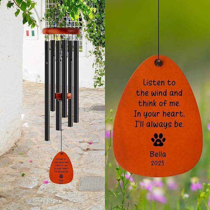 Custom Wind Chimes for Loss of Pet, 32" 37" Large Size Personalized Dog Memorial Wind Chimes for Outside, Customizable Cat Remembrance Wind Chime for Outdoor (Black)
