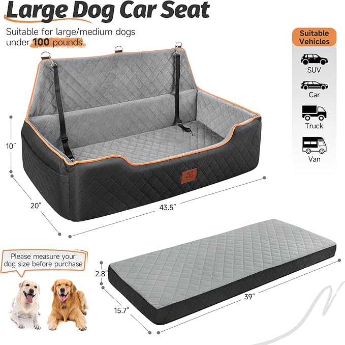 Dog Car Bed Booster, Comfortable Travel Seat for Large/Medium Dogs, Fully Detachable & Washable with Thick Cushion (Black&Gray)