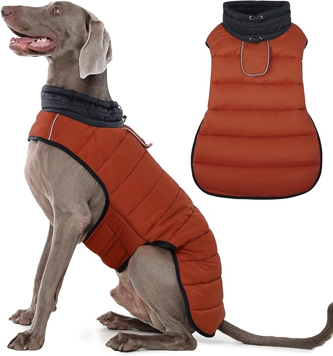 IDOMIK Dog Winter Coat, Warm Waterproof Dog Puffer Jacket with Harness Hole, Adjustable Reflective Snow Jacket Vest with Turtleneck, Pet Cold Weather Coats for Large Dogs,Caramel,3XL
