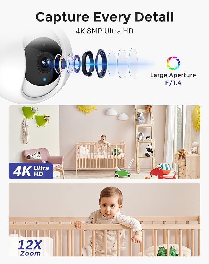 Hugolog 4K 8MP Indoor Pan/Tilt Security Camera with Auto-Focus,Ideal for Baby Monitor/Pet Camera/Home Security,Starlight Color Night Vision,Human/Pet AI,Noise Reduction,US Cloud,Works with Alexa