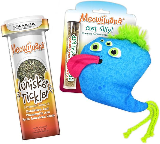 Meowijuana Blue Blob Bundle | Get Silly Refillable Blue Bob Toy and Whisker Tickler Catnip Blend | Promotes Play and Cat Health | Includes North American Organic Catnip
