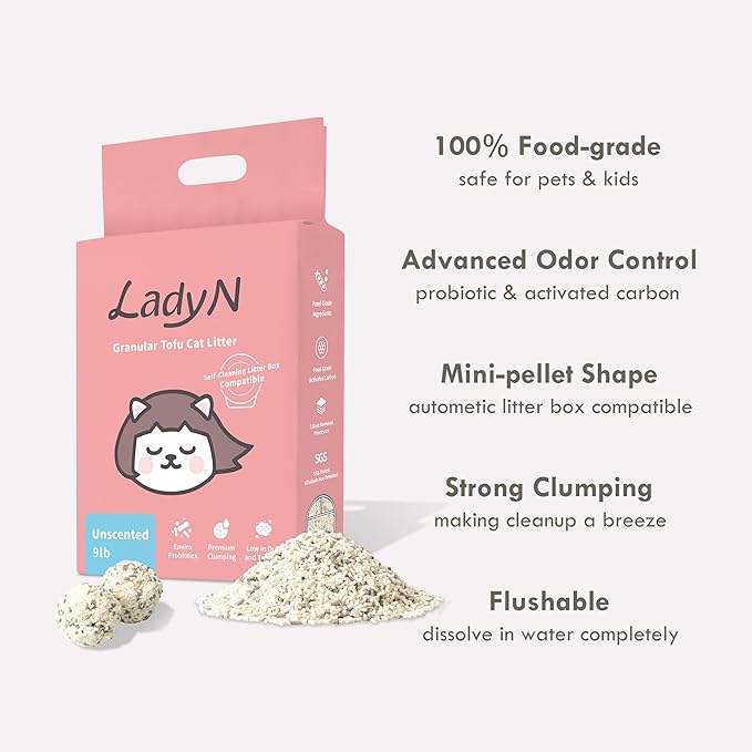 Lady N Granular Tofu Cat Litter Mini-Pellet Compatible with Automatic Self Cleaning Cat Litter Box, Strong Clumping Ultra Absorbent, Low Tracking, Odor Control Activated Charcoal 18lb