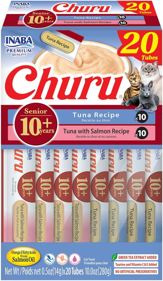 INABA Churu for Senior 10+, Creamy Lickable Cat Treats with Taurine, Vitamin E & C, 0.5 Ounces Each, 20 Tubes, Tuna Variety
