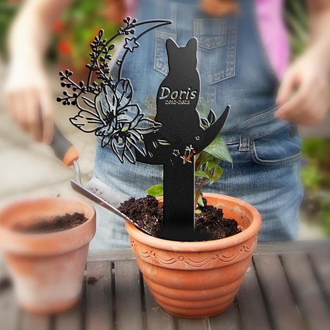 Custom Cat Grave Marker Cat Burial Stake, Personalized Butterfly Flowers Cat Memorial Garden Stake, Metal Cat Memorial Plaque for Outdoors, Customized Pet Headstone