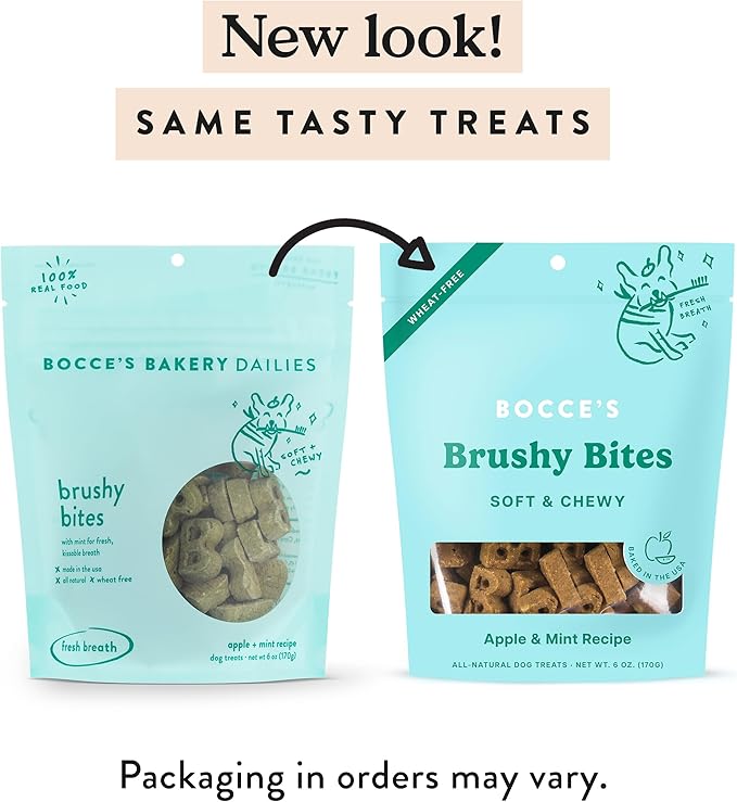 Bocce's Bakery Dailies Brushy Bites Dog Treats for Wellness Support, Wheat-Free Dog Treats, Made with Real Ingredients, Baked in The USA, All-Natural Soft & Chewy, Apple & Mint Recipe, 6 oz