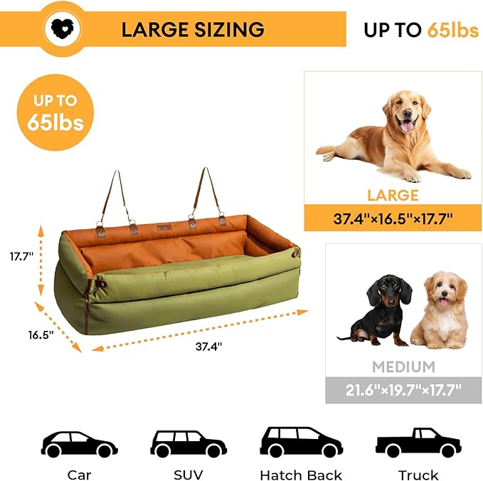 FUNNYFUZZY Dog Car Seat for Small Dogs, Waterproof Dog Car Bed with Storage Pocket, Safety Clip-On Dogs Leash, Detachable Portable Pet Carseat (Green, 37.4 * 16.5 * 17.7 inches)