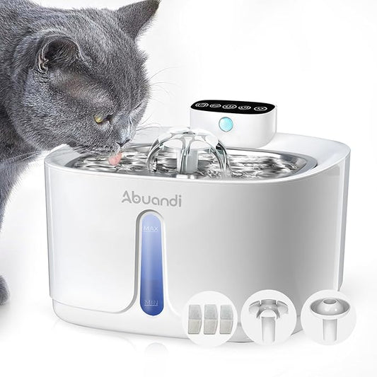 Cat Water Fountain Stainless Steel for Drinking, Pet Water Fountains 3.2L/108 OZ Automatic Water Dispenser Bowl with Filter Pump Spout for Indoor Multiple Pets, Rechargeable Quiet Large
