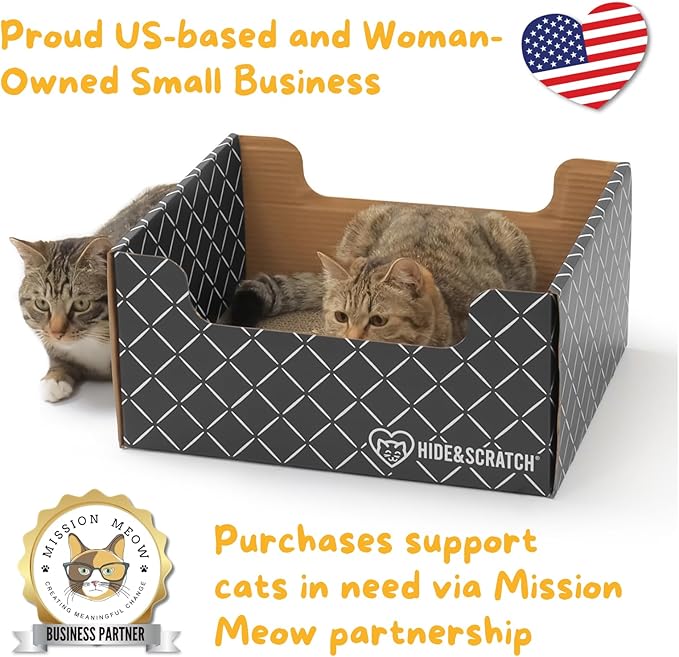 HIDE & SCRATCH Cat Scratcher Box and Cat Bed with Refillable Double-Sided Cardboard Scratch Pad for Indoor Cats (2 Cat Pack)