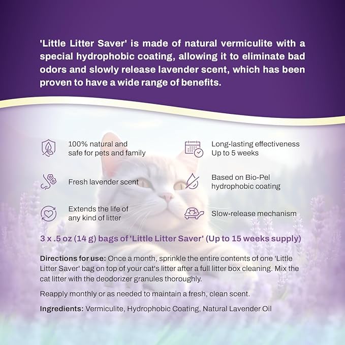 Little Litter Saver | a New Generation Of Cat Litter Box Deodorizer | Unique Slow Release Formula | Natural Fresh Scent | Up to 15 Weeks Supply | 3 x 0.5oz bags (Lavender)
