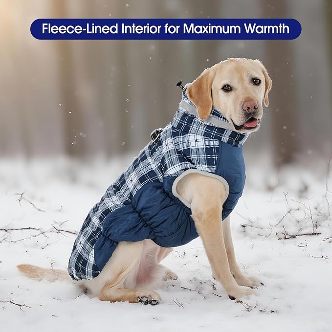 FUAMEY Dog Coat for Large Dogs,Waterproof Dog Winter Jacket with Harness Built in Puppy Cold Weather Coats Reflective Pet Vest with Zipper Warm Fleece Dogs Snowsuit Windproof Blue Plaid 3XL