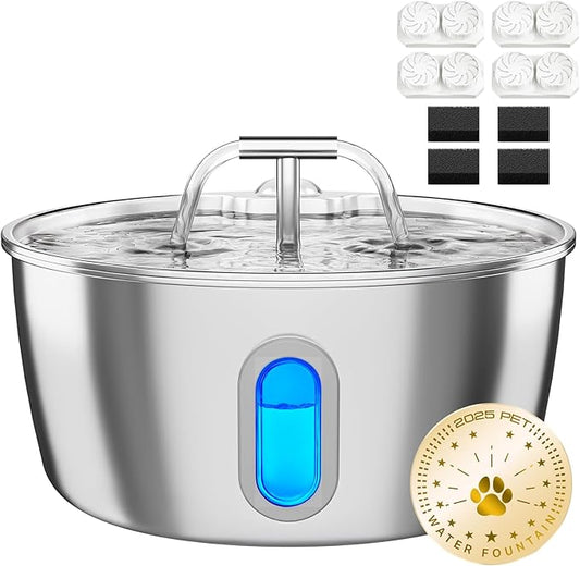 Cat Water Fountain Stainless Steel - 3.2L/108oz Pet Water Fountain for Cats Indoor - Automatic Pet Watering Dispenser (4 Filters)