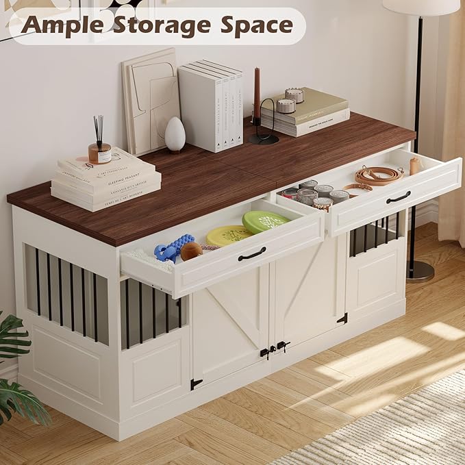 Large Dog Crate Furniture - Wooden Indoor Dog Kennel Furniture for 2 Dogs with 2 Drawers and Removable Divider, Heavy Duty Dog Crate Table, 63" L x 23.6" W x 31.5" H, White