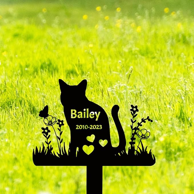 Custom Metal Cat Memorial Garden Stake Grave Marker, Personalized Flowers Cat Memorial Stake Grave Marker for Pet Grave Decor, Customized Cat Headstone Tombstone Outdoors Memorial Marker