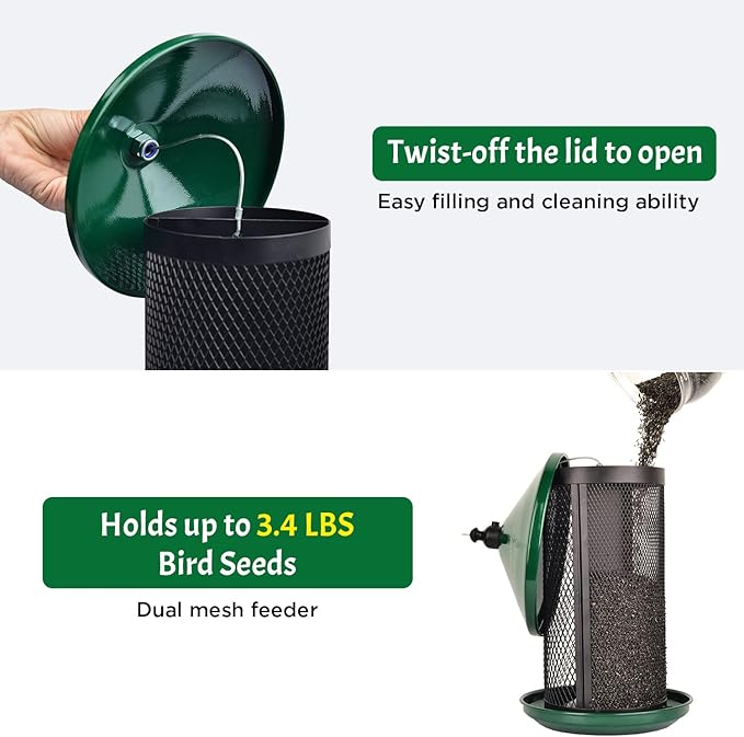 Portable Dual Mesh Metal Hanging Finch Bird Feeder - Durable & Heavy- Duty with 360° Perch & 2 Separate Seed Compartments - Holding Capacity: Upto 3.4 lbs (1.5 Kg) - (Natural Green)