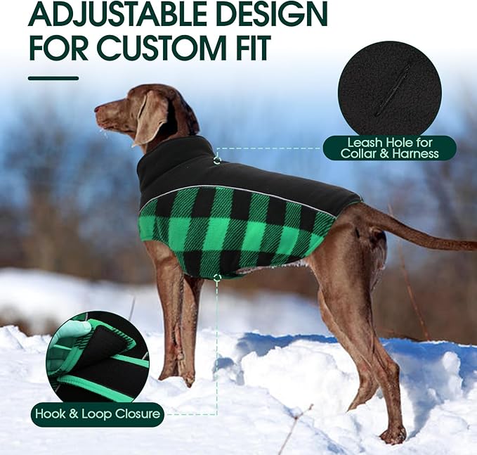 Kuoser Dog Winter Coat, Reversible Waterproof Dog Jacket with Reflective Strip, Warm Dogs Fleece Vest Adjustable Doggy Cold Weather Clothes Plaid Christmas Outfit Pet Apparel for Large Dogs, Green L