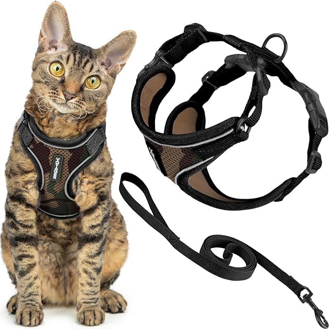 Voyager Escape Proof Cat Harness and Leash Set with Reflective Stitching, Neoprene Handle 5ft - Supports Small, Medium and Large Cats, Kittens for Walking by Best Pet Supplies - Army, S