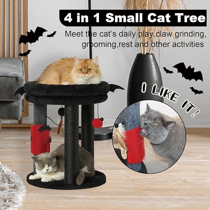 MECOOL 4in1 Small Cat Tree,Scratching Post with Tower Soft Bed, Sisal Carpet Jute Posts with Three Hanging Ball Toys and Massage Brush for Indoor Cats and Kittens