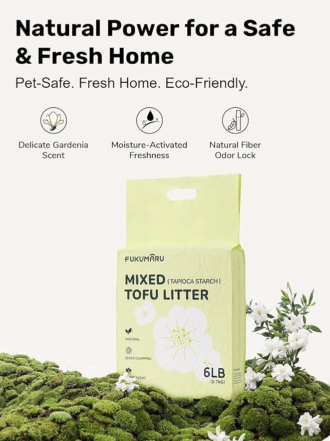 FUKUMARU Tofu Cat Litter, 12lb Fast Clumping & Odor Control, Gardenia Scent, Natural Bean Dregs & Cassava Starch, Dust-Free, Flushable, Low Tracking, Ultra Absorbent, Lightweight, 6lb x 2 Bags